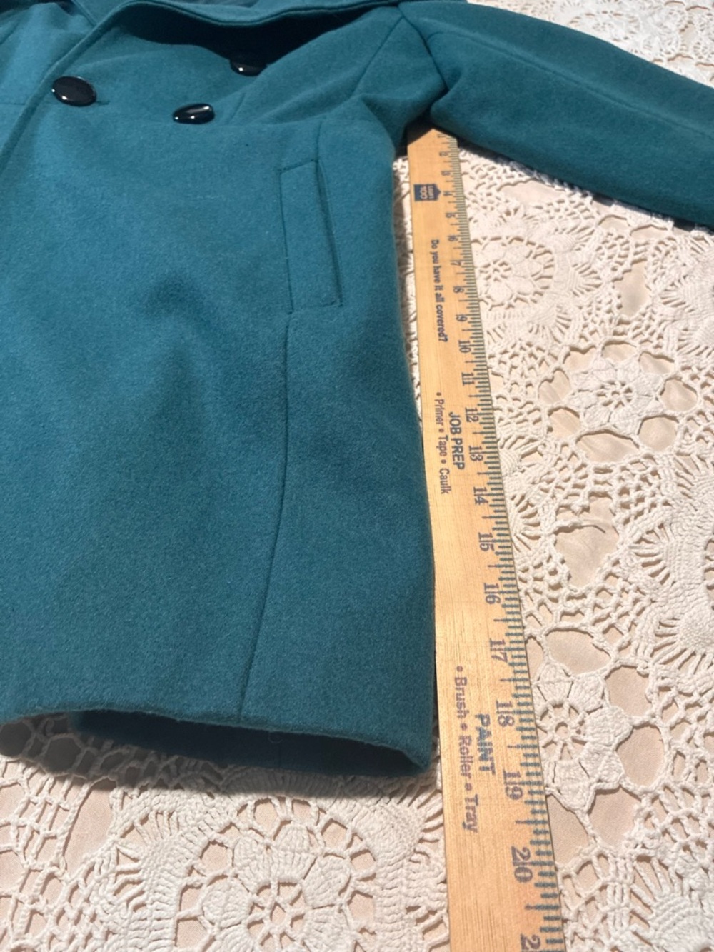 Women’s S Teal Mid-Length Pea Coat Bow Accent Double-Breasted Collared Long slv - Picture 7 of 14